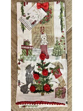 CHRISTMAS PUPPY DOG Kitchen Towel Set of 2 Embroidered BEADED Detailed 20" x 28